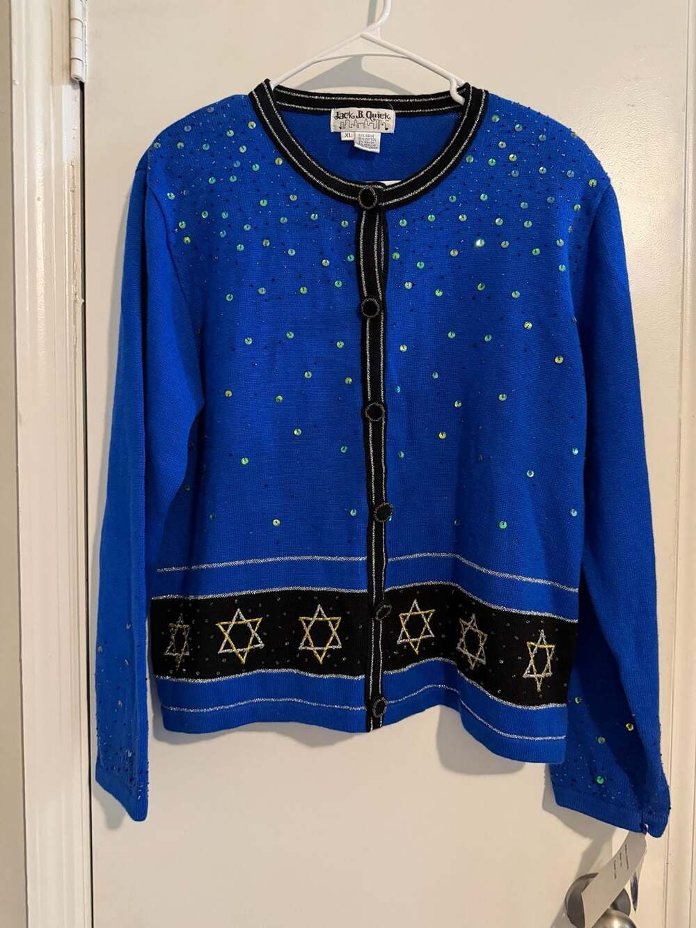 NWT Jack B. Quick Blue Sequin Star of David Chanukah Sweater XL